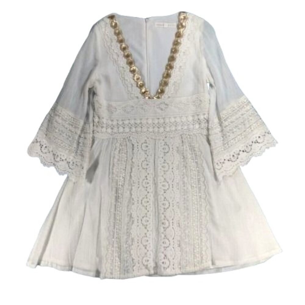 Mercury Duo Japanese Designer Boho Beachy Hippy White Gold Lace V Neck Dress S